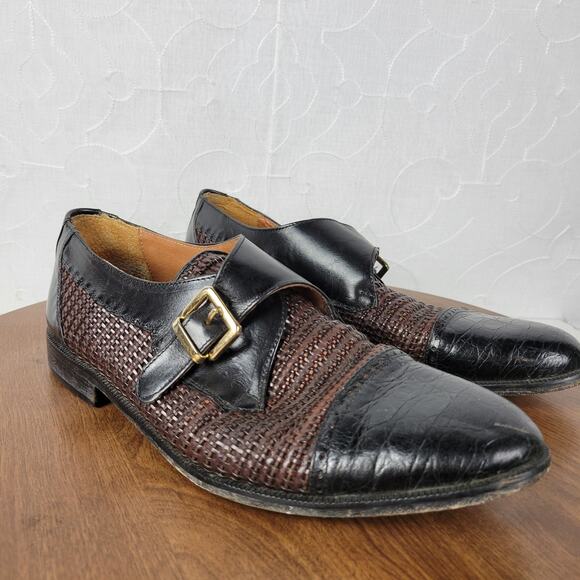 Brass Boot Mens Shoes 10 Brown Black Braided Leather Cap Toe Monk Strap Loafer - Picture 4 of 16